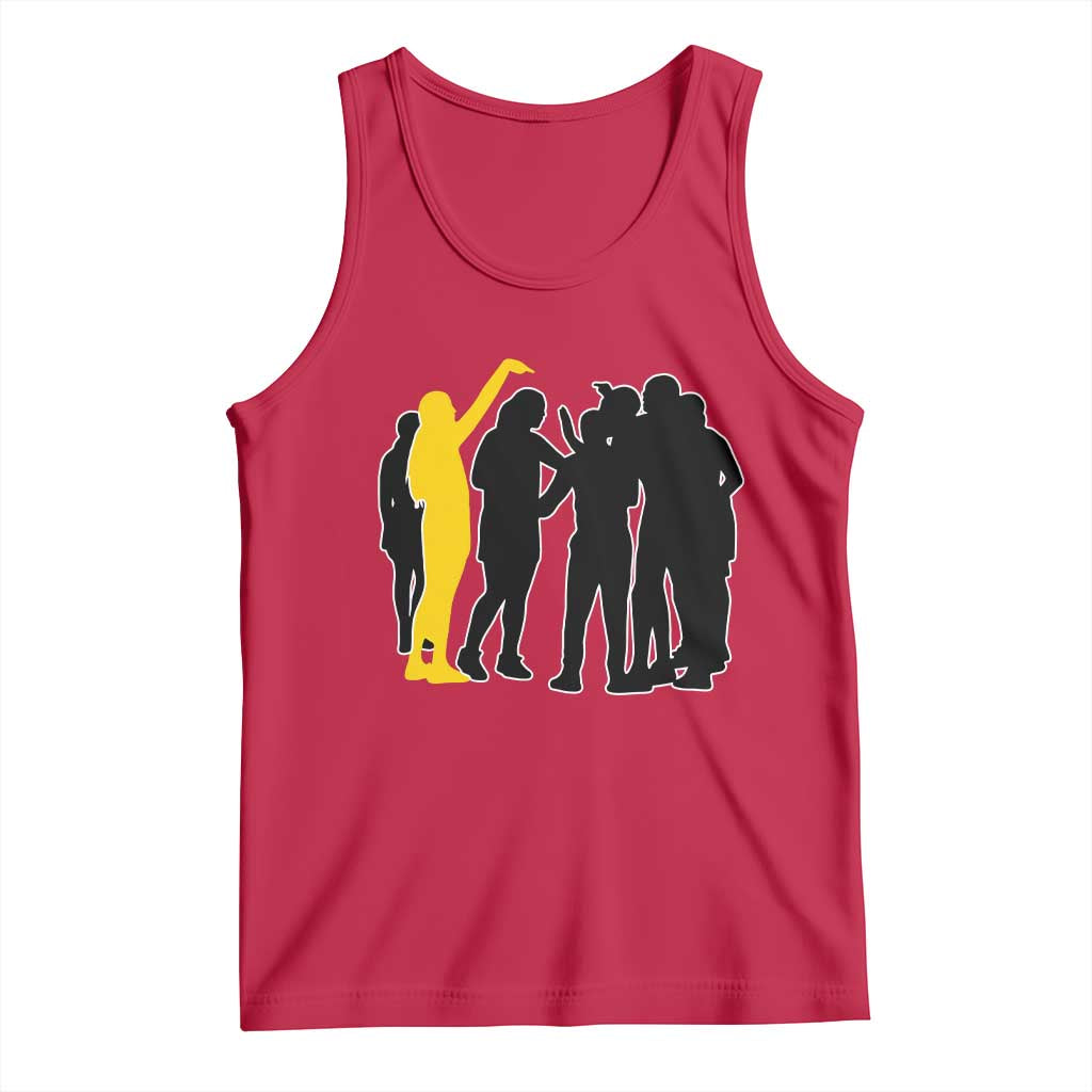 Viral Basketball Pointing Huddle Tank Top Funny Women Sports Culture Meme Yellow Silhouette Graphic