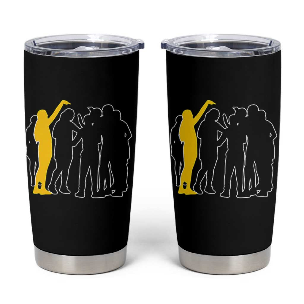 Viral Basketball Pointing Huddle Tumbler Cup Funny Women Sports Culture Meme Yellow Silhouette Graphic