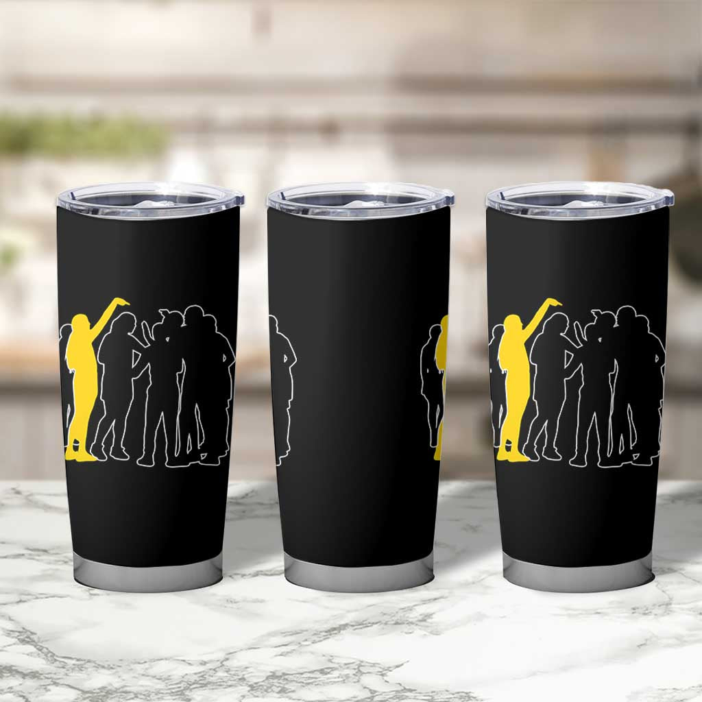 Viral Basketball Pointing Huddle Tumbler Cup Funny Women Sports Culture Meme Yellow Silhouette Graphic