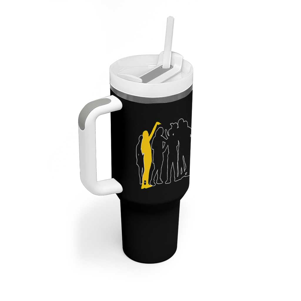 Viral Basketball Pointing Huddle Tumbler With Handle Funny Women Sports Culture Meme Yellow Silhouette Graphic