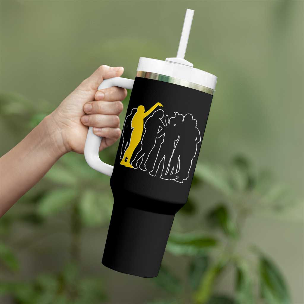 Viral Basketball Pointing Huddle Tumbler With Handle Funny Women Sports Culture Meme Yellow Silhouette Graphic