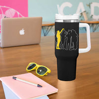 Viral Basketball Pointing Huddle Tumbler With Handle Funny Women Sports Culture Meme Yellow Silhouette Graphic