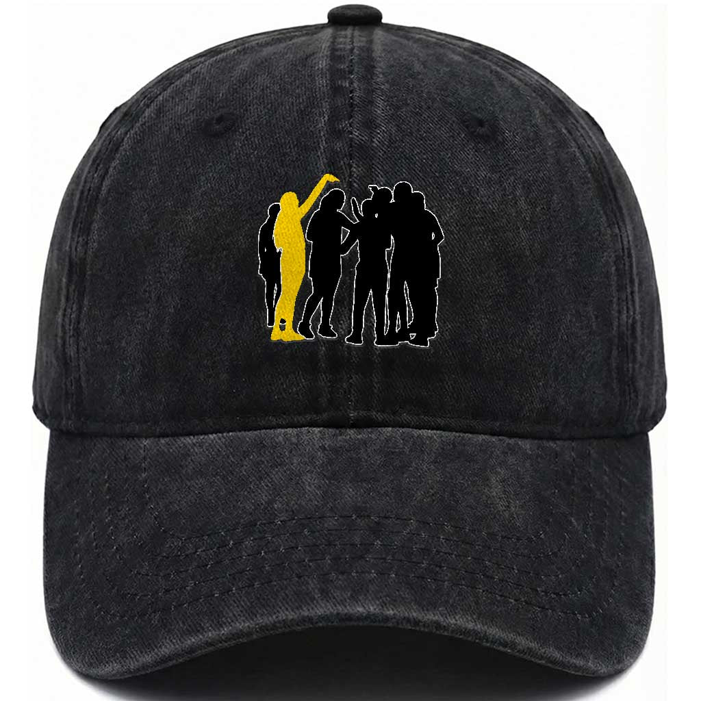 Viral Basketball Pointing Huddle Washed Cotton Baseball Cap Funny Women Sports Culture Meme Yellow Silhouette Graphic