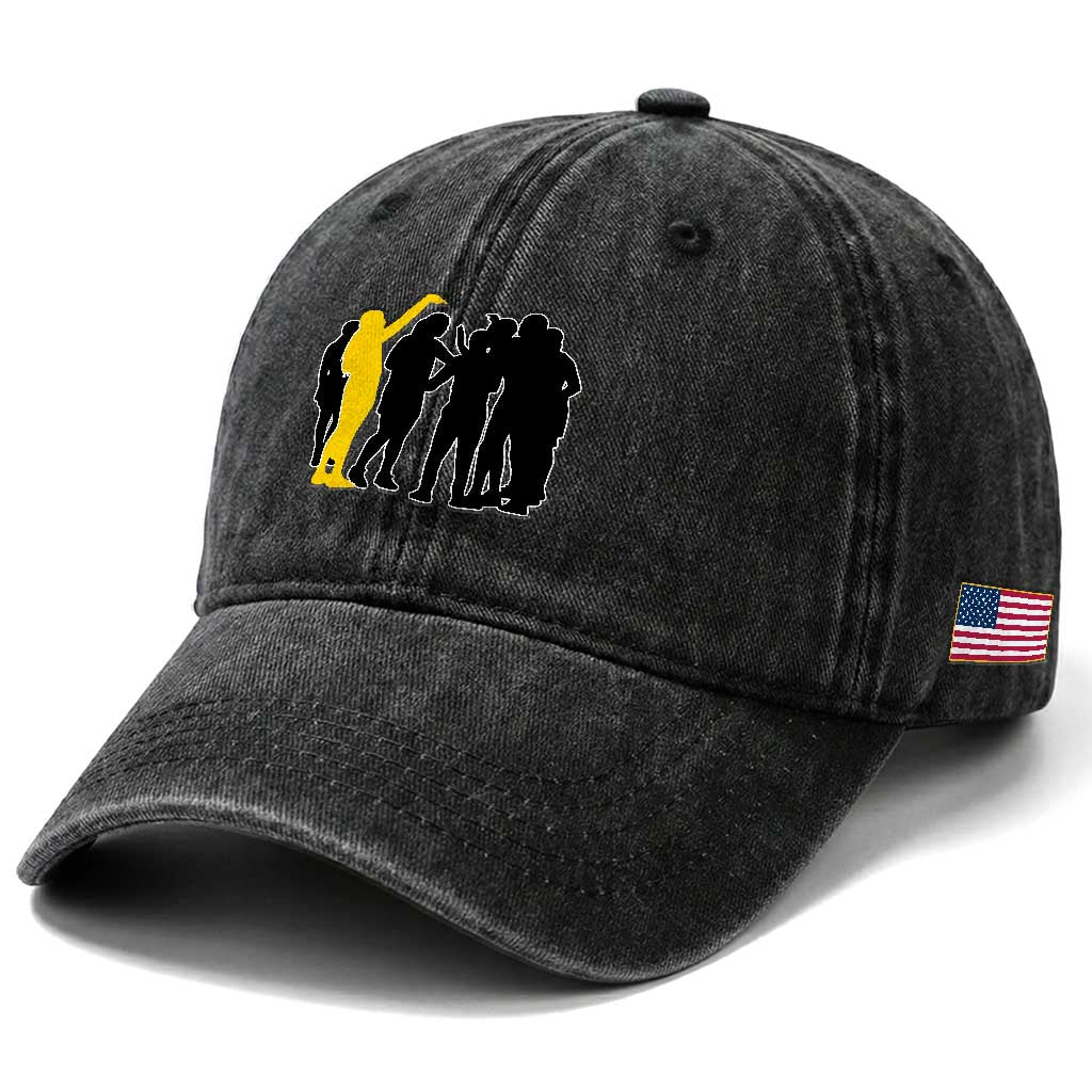 Viral Basketball Pointing Huddle Washed Cotton Baseball Cap Funny Women Sports Culture Meme Yellow Silhouette Graphic