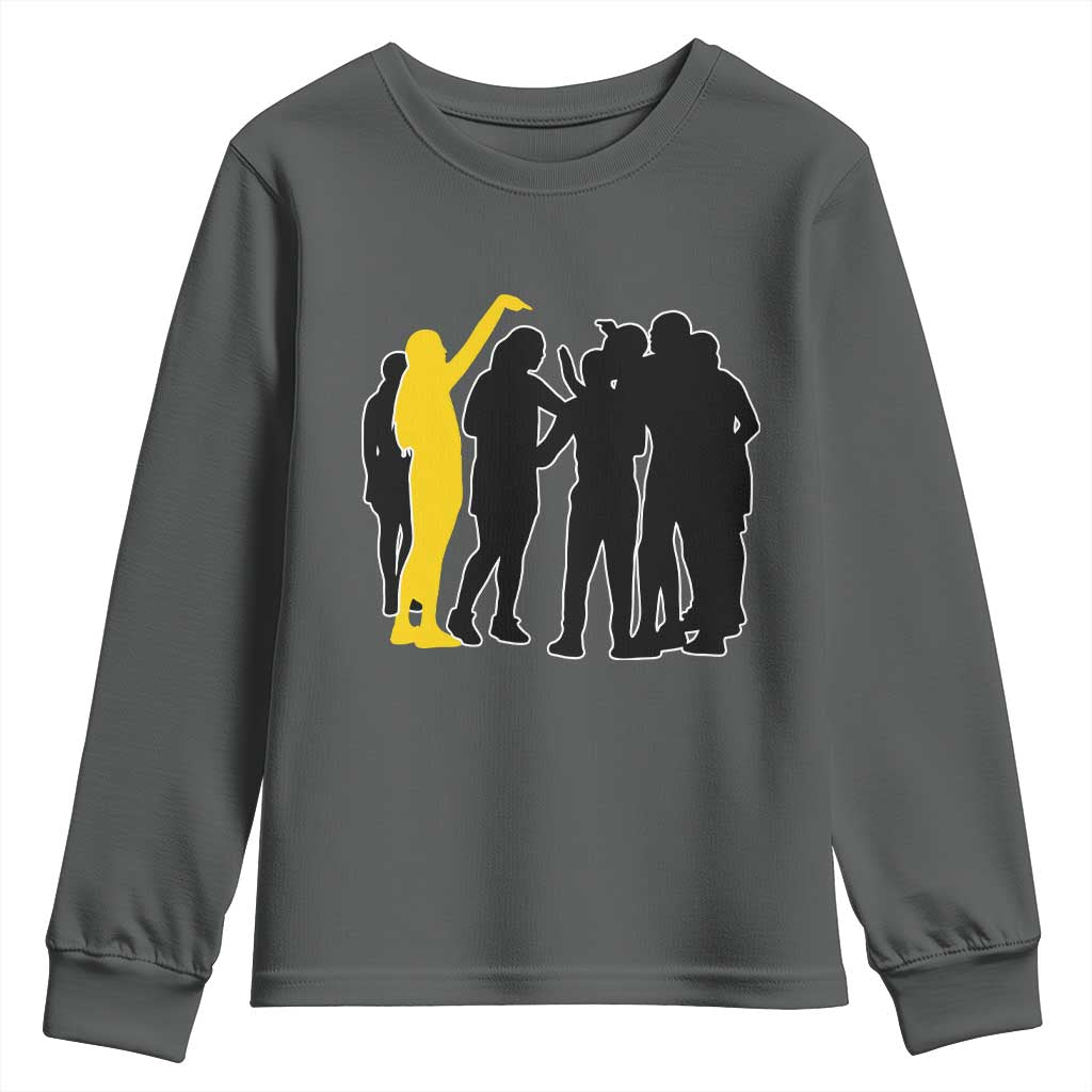 Viral Basketball Pointing Huddle Youth Sweatshirt Funny Women Sports Culture Meme Yellow Silhouette Graphic