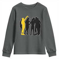 Viral Basketball Pointing Huddle Youth Sweatshirt Funny Women Sports Culture Meme Yellow Silhouette Graphic