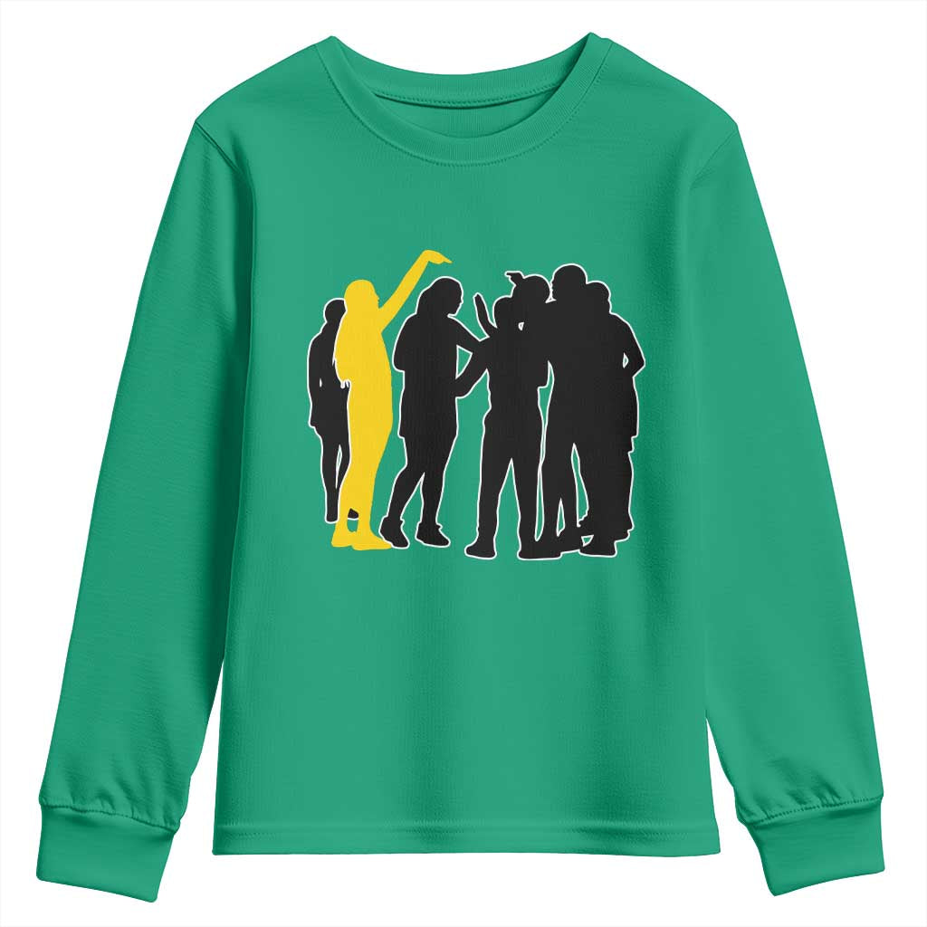 Viral Basketball Pointing Huddle Youth Sweatshirt Funny Women Sports Culture Meme Yellow Silhouette Graphic
