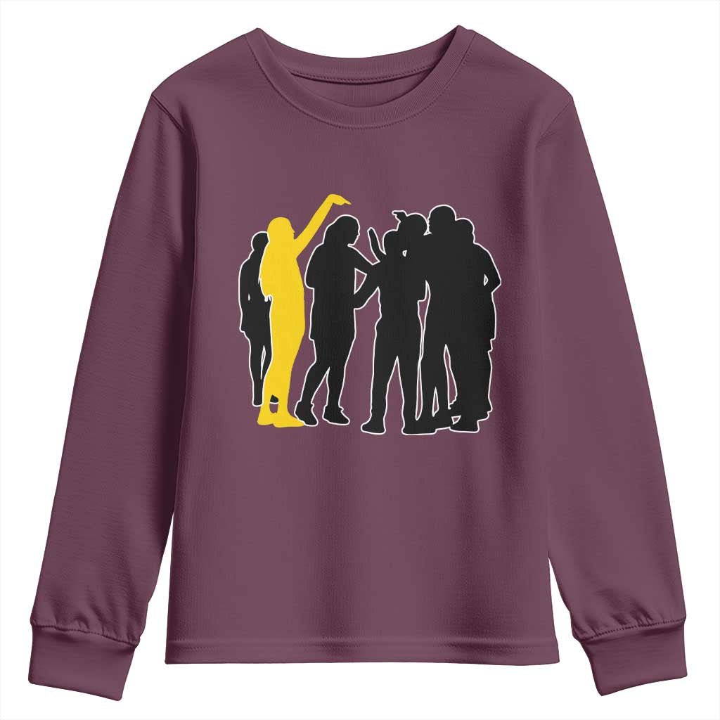 Viral Basketball Pointing Huddle Youth Sweatshirt Funny Women Sports Culture Meme Yellow Silhouette Graphic