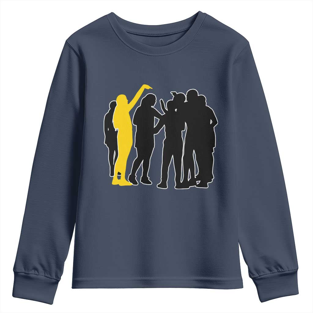 Viral Basketball Pointing Huddle Youth Sweatshirt Funny Women Sports Culture Meme Yellow Silhouette Graphic