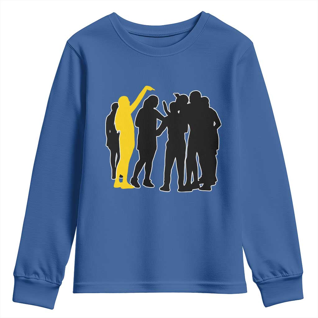 Viral Basketball Pointing Huddle Youth Sweatshirt Funny Women Sports Culture Meme Yellow Silhouette Graphic