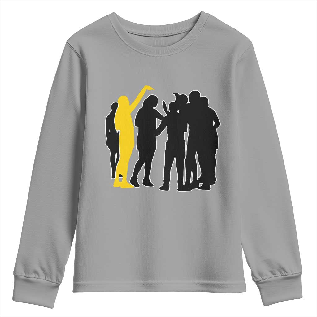 Viral Basketball Pointing Huddle Youth Sweatshirt Funny Women Sports Culture Meme Yellow Silhouette Graphic