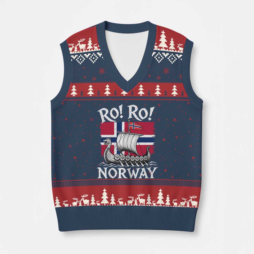 Funny Norway Viking Longship Ro Ro V-Neck Knit Sweater Vest Vintage Norge Norwegian Flag Football Fans