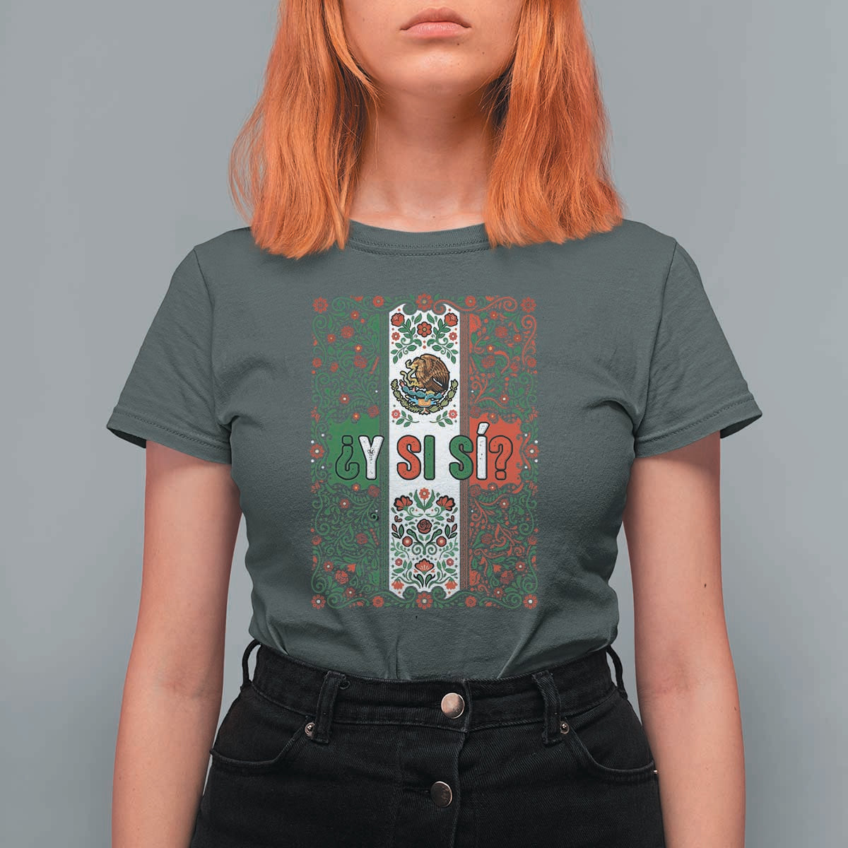 Y Si Si Mexican Flag Floral Folk Art T Shirt For Women Viva Mexico Pride for Soccer Football Fans