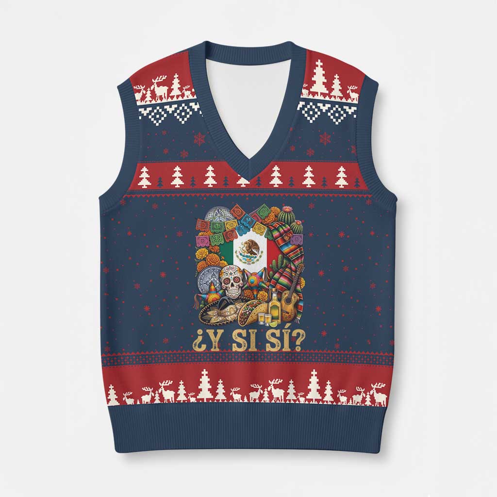 Y Si Si Mexican Flag Fiesta Taco Tequila Sugar Skull Graphic V-Neck Knit Sweater Vest What If Mexico Party Culture Performance