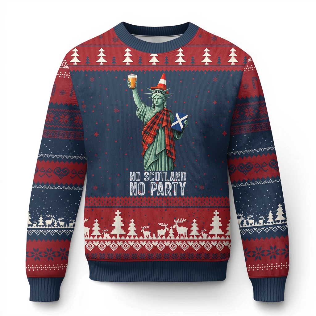 No Scotland No Party Funny Statue of Liberty Celebration Ugly Christmas Sweater Saltire Flag Glasgow Cone Scottish Football Fans