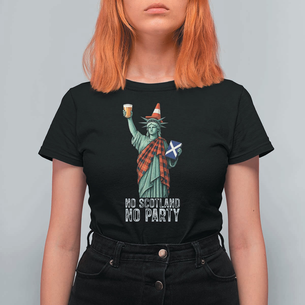 No Scotland No Party Funny Statue of Liberty Celebration T Shirt For Women Saltire Flag Glasgow Cone Scottish Football Fans