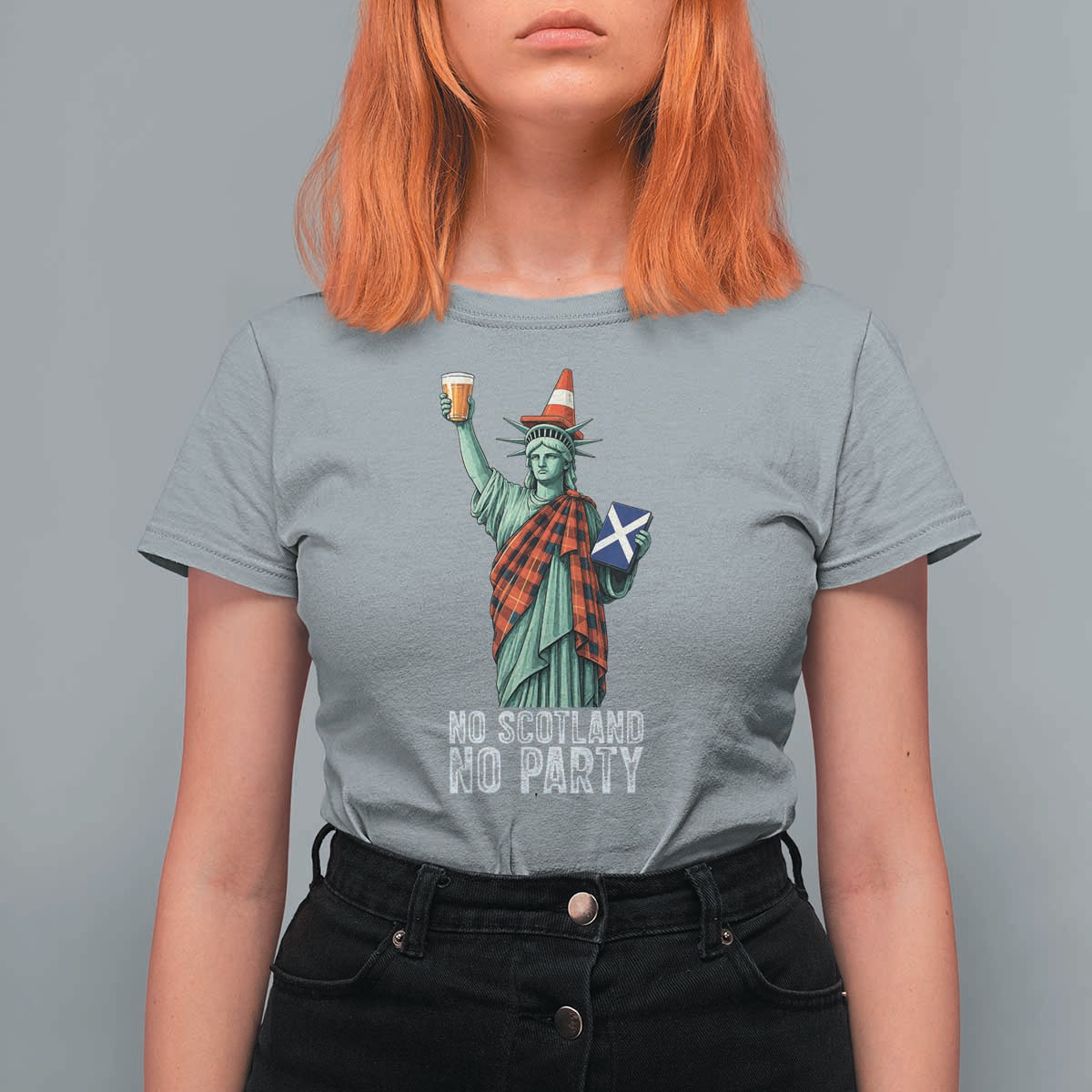 No Scotland No Party Funny Statue of Liberty Celebration T Shirt For Women Saltire Flag Glasgow Cone Scottish Football Fans