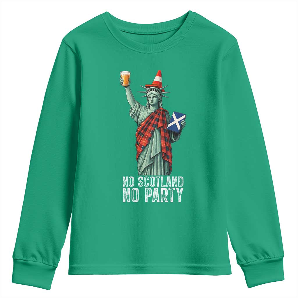 No Scotland No Party Funny Statue of Liberty Celebration Youth Sweatshirt Saltire Flag Glasgow Cone Scottish Football Fans