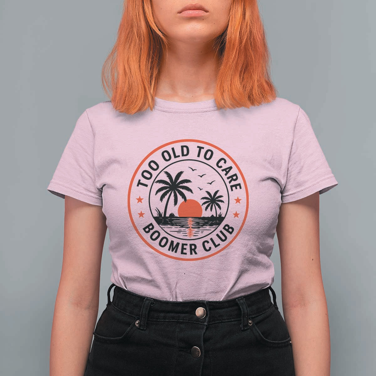 Too Old To Care Funny Retired Boomer Club T Shirt For Women Beach Sunset Tropical Coastal Vacation Retirement Gag Gift