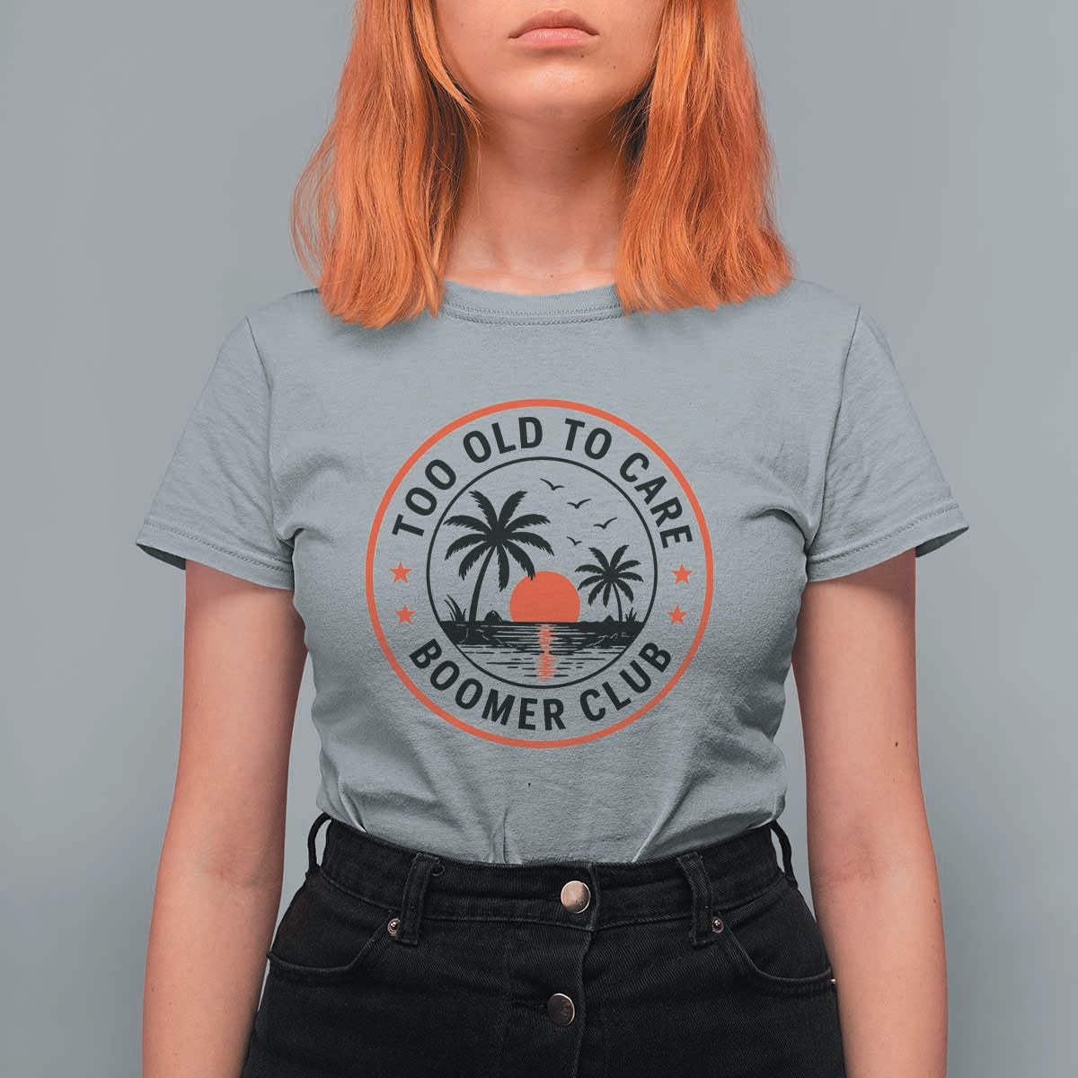 Too Old To Care Funny Retired Boomer Club T Shirt For Women Beach Sunset Tropical Coastal Vacation Retirement Gag Gift