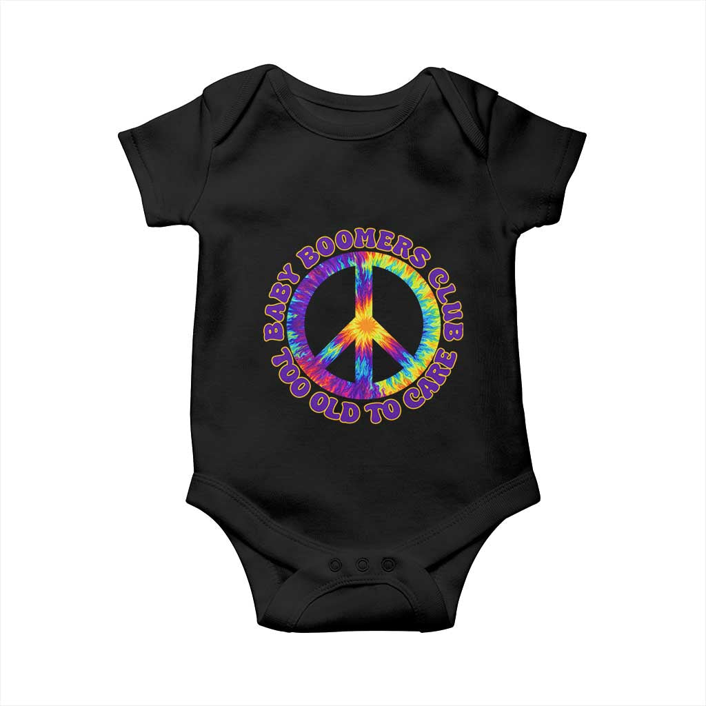 Baby Boomers Club Too Old To Care Retro Tie Dye Effect Printing Baby Onesie Peace Sign Groovy 60s Hippie Humor Graphic