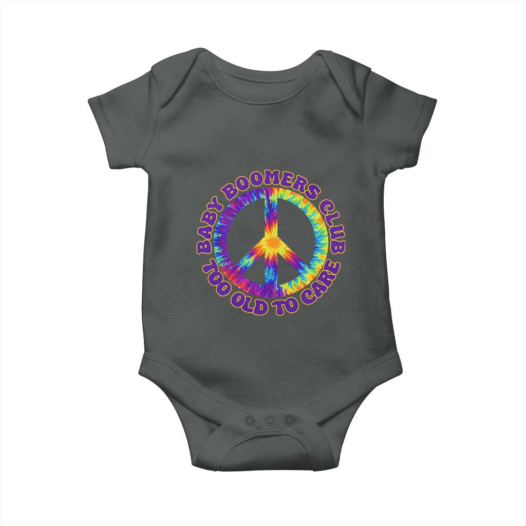 Baby Boomers Club Too Old To Care Retro Tie Dye Effect Printing Baby Onesie Peace Sign Groovy 60s Hippie Humor Graphic