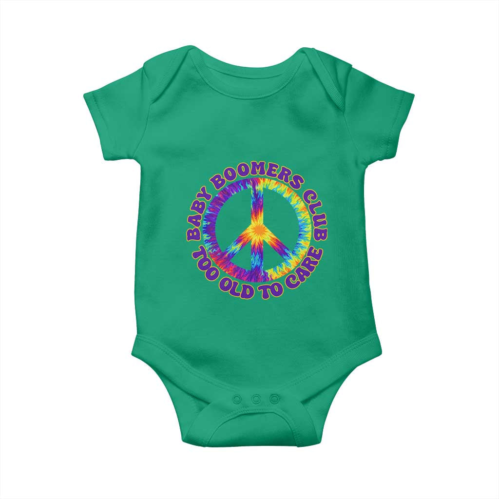 Baby Boomers Club Too Old To Care Retro Tie Dye Effect Printing Baby Onesie Peace Sign Groovy 60s Hippie Humor Graphic