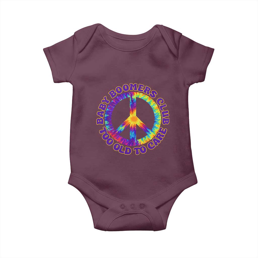 Baby Boomers Club Too Old To Care Retro Tie Dye Effect Printing Baby Onesie Peace Sign Groovy 60s Hippie Humor Graphic