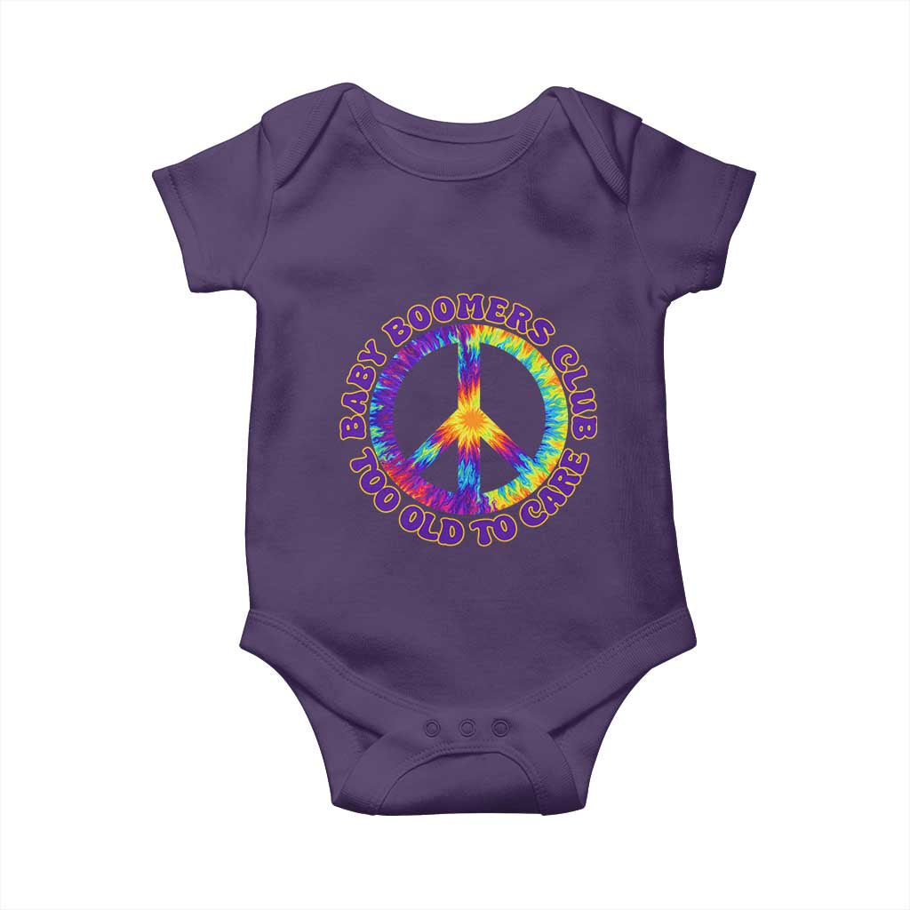 Baby Boomers Club Too Old To Care Retro Tie Dye Effect Printing Baby Onesie Peace Sign Groovy 60s Hippie Humor Graphic