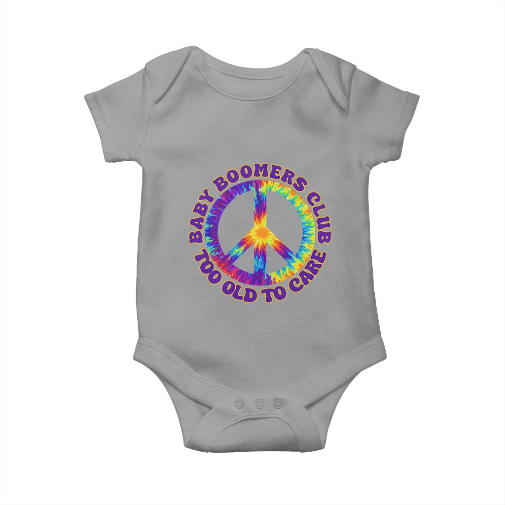 Baby Boomers Club Too Old To Care Retro Tie Dye Effect Printing Baby Onesie Peace Sign Groovy 60s Hippie Humor Graphic