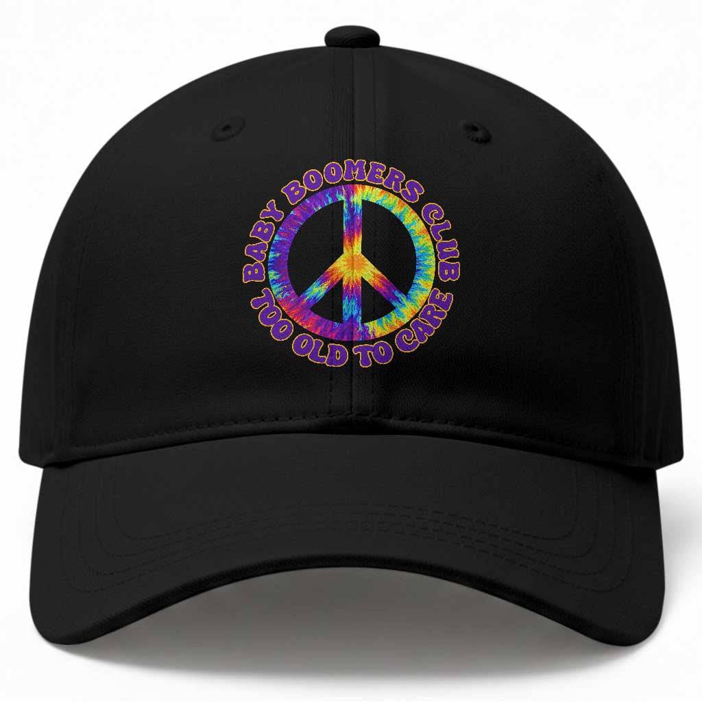 Baby Boomers Club Too Old To Care Retro Tie Dye Effect Printing Baseball Cap Peace Sign Groovy 60s Hippie Humor Graphic