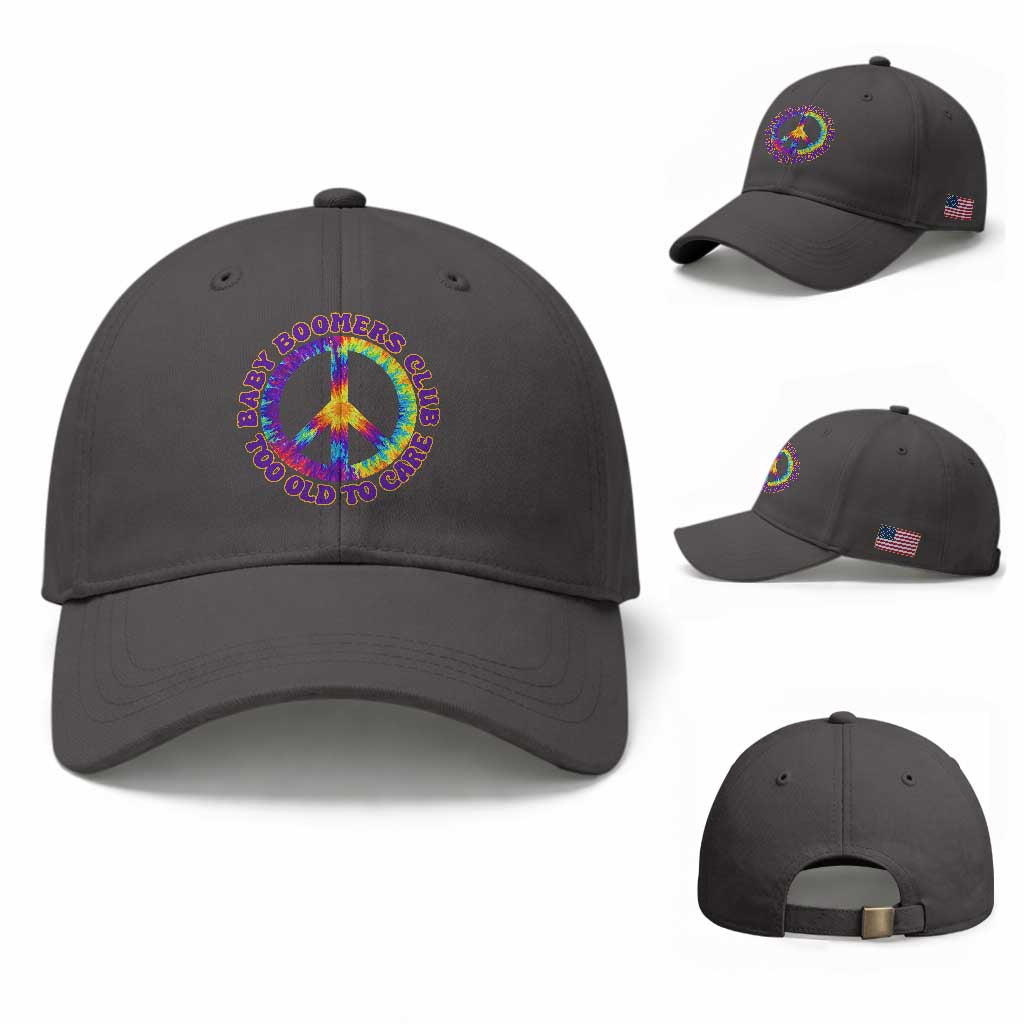 Baby Boomers Club Too Old To Care Retro Tie Dye Effect Printing Baseball Cap Peace Sign Groovy 60s Hippie Humor Graphic