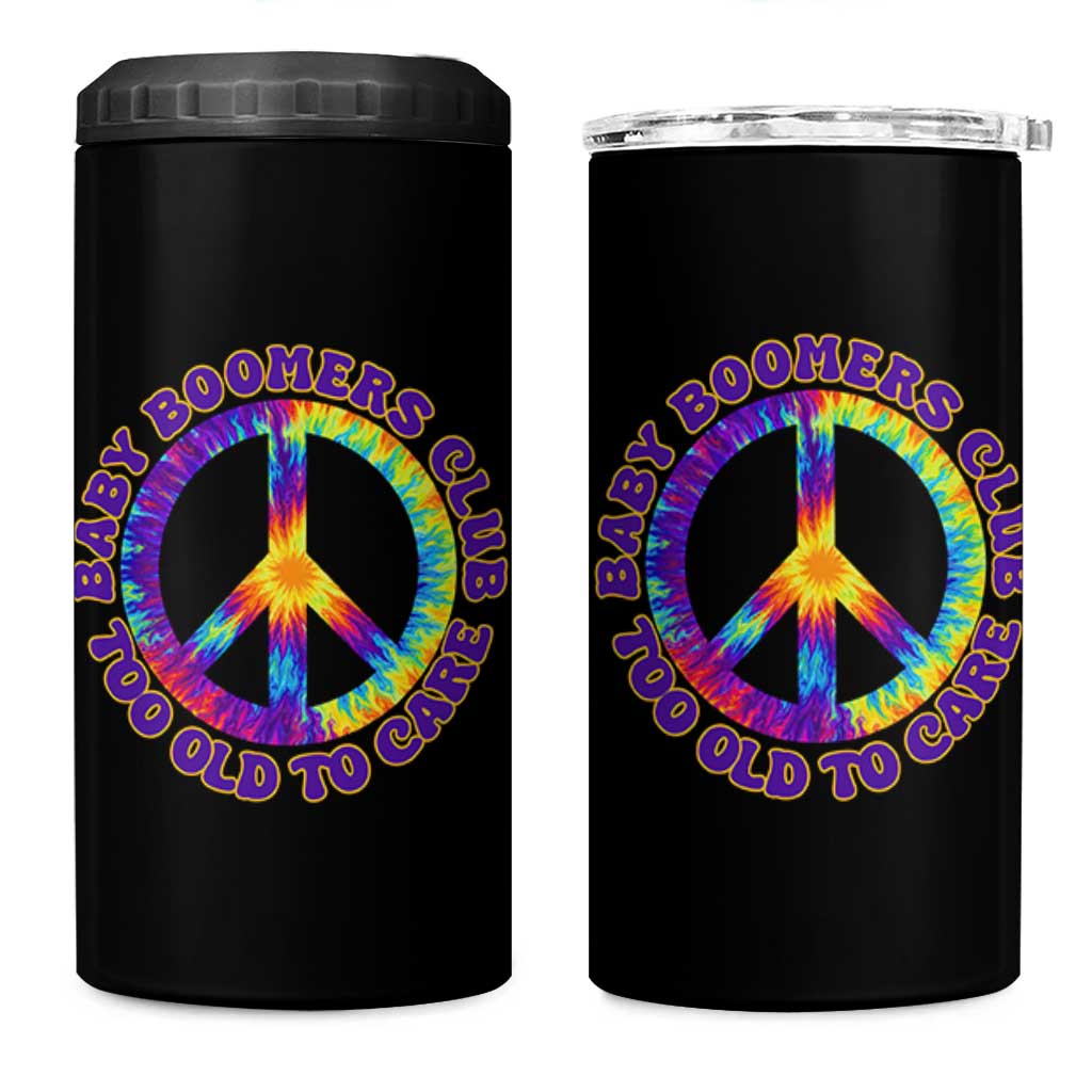 Baby Boomers Club Too Old To Care Retro Tie Dye Effect Printing 4 in 1 Can Cooler Tumbler Peace Sign Groovy 60s Hippie Humor Graphic