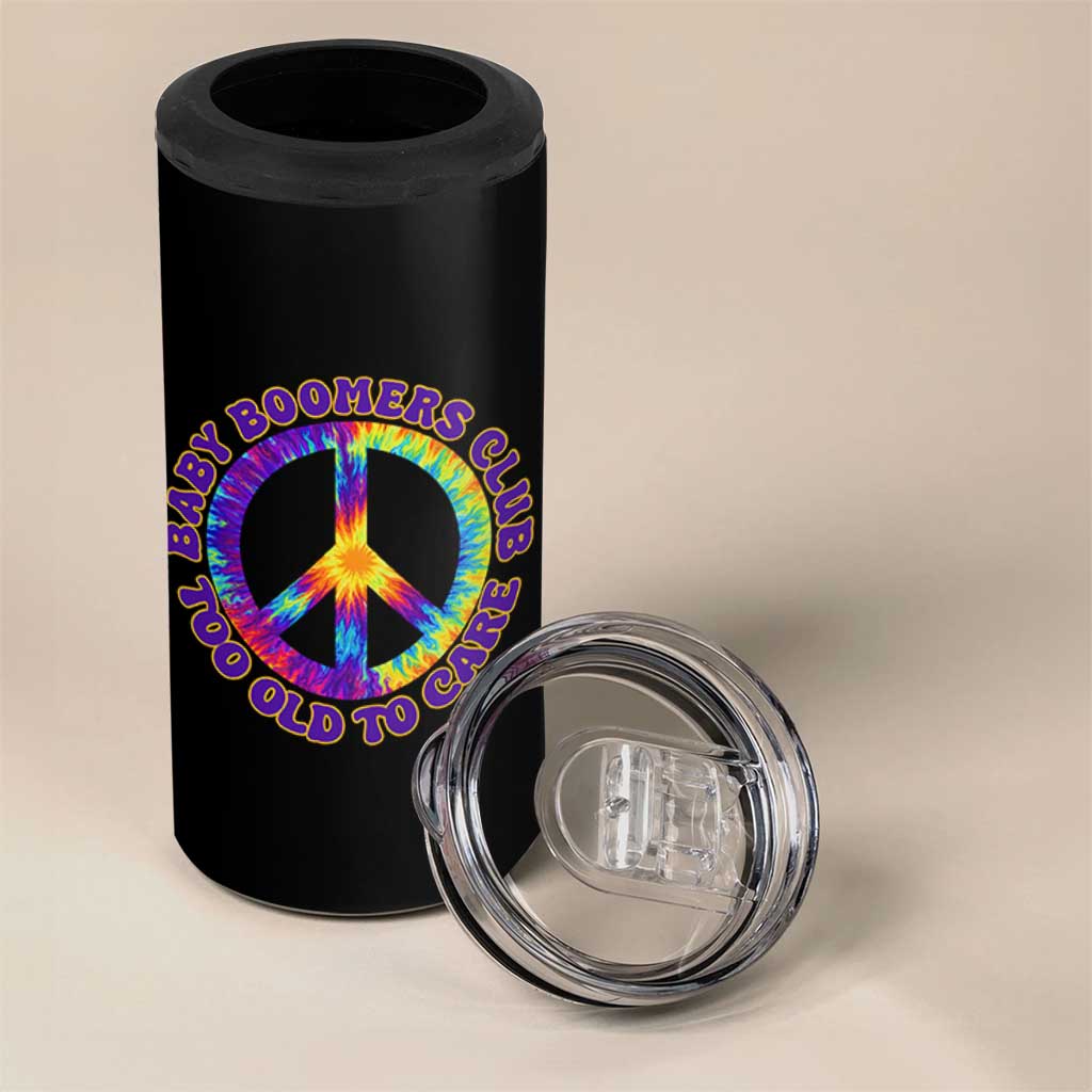 Baby Boomers Club Too Old To Care Retro Tie Dye Effect Printing 4 in 1 Can Cooler Tumbler Peace Sign Groovy 60s Hippie Humor Graphic