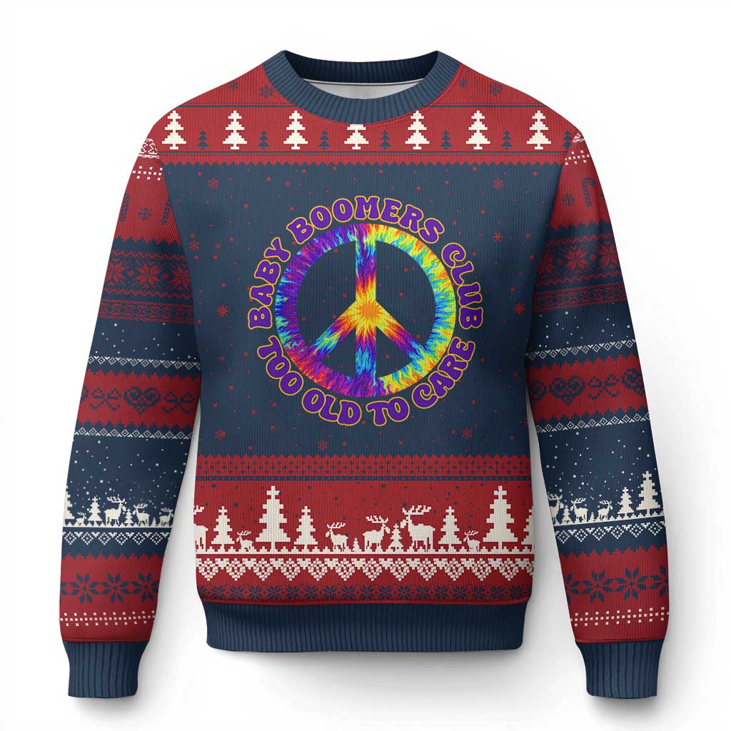 Baby Boomers Club Too Old To Care Retro Tie Dye Effect Printing Ugly Christmas Sweater Peace Sign Groovy 60s Hippie Humor Graphic