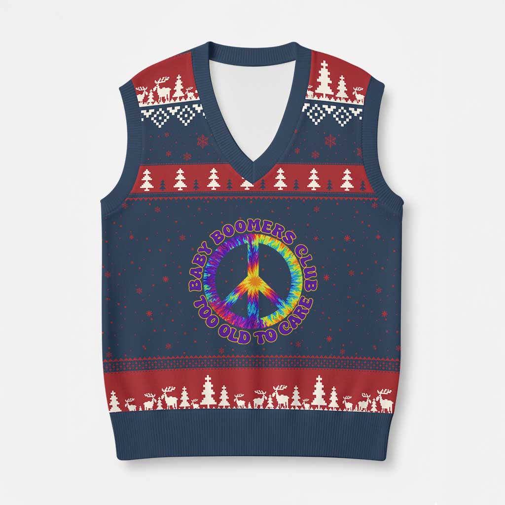 Baby Boomers Club Too Old To Care Retro Tie Dye Effect Printing V-Neck Knit Sweater Vest Peace Sign Groovy 60s Hippie Humor Graphic