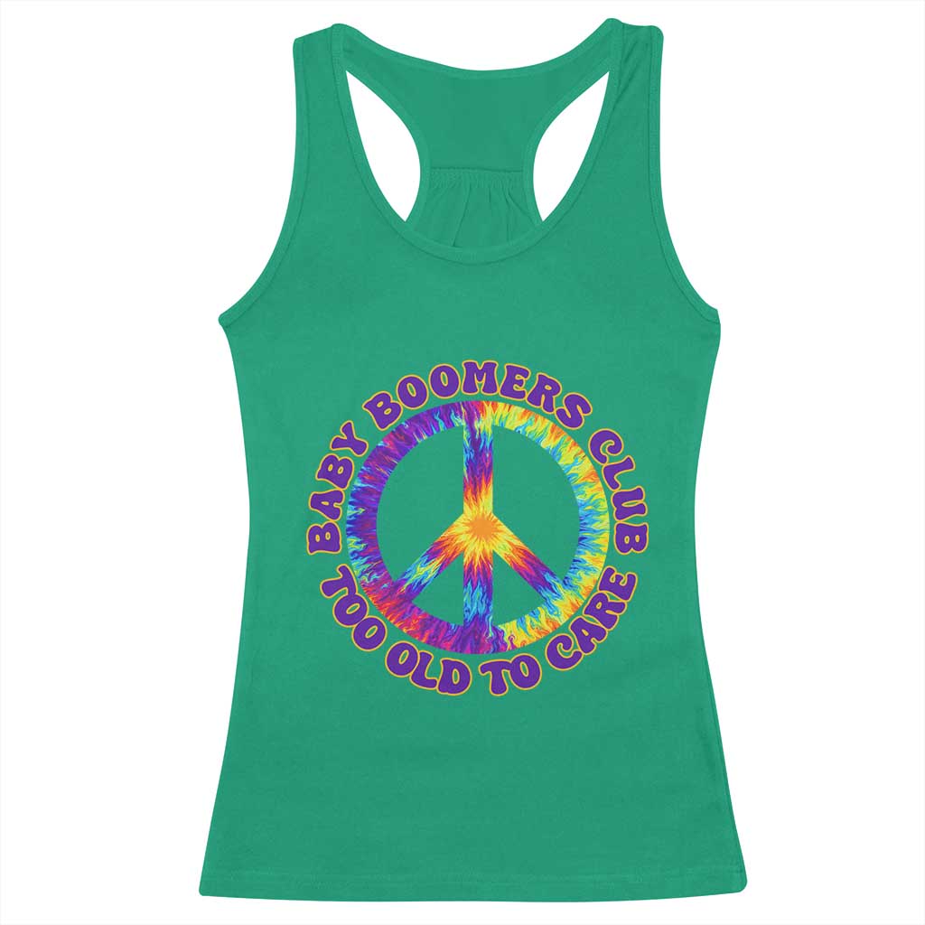 Baby Boomers Club Too Old To Care Retro Tie Dye Effect Printing Racerback Tank Top Peace Sign Groovy 60s Hippie Humor Graphic