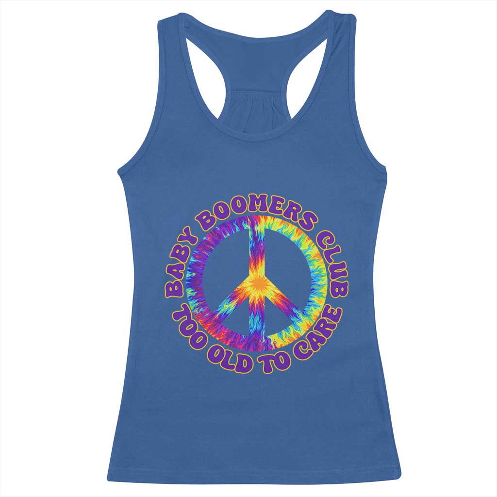Baby Boomers Club Too Old To Care Retro Tie Dye Effect Printing Racerback Tank Top Peace Sign Groovy 60s Hippie Humor Graphic