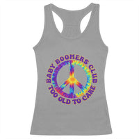 Baby Boomers Club Too Old To Care Retro Tie Dye Effect Printing Racerback Tank Top Peace Sign Groovy 60s Hippie Humor Graphic