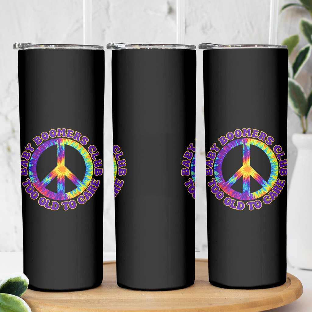 Baby Boomers Club Too Old To Care Retro Tie Dye Effect Printing Skinny Tumbler Peace Sign Groovy 60s Hippie Humor Graphic