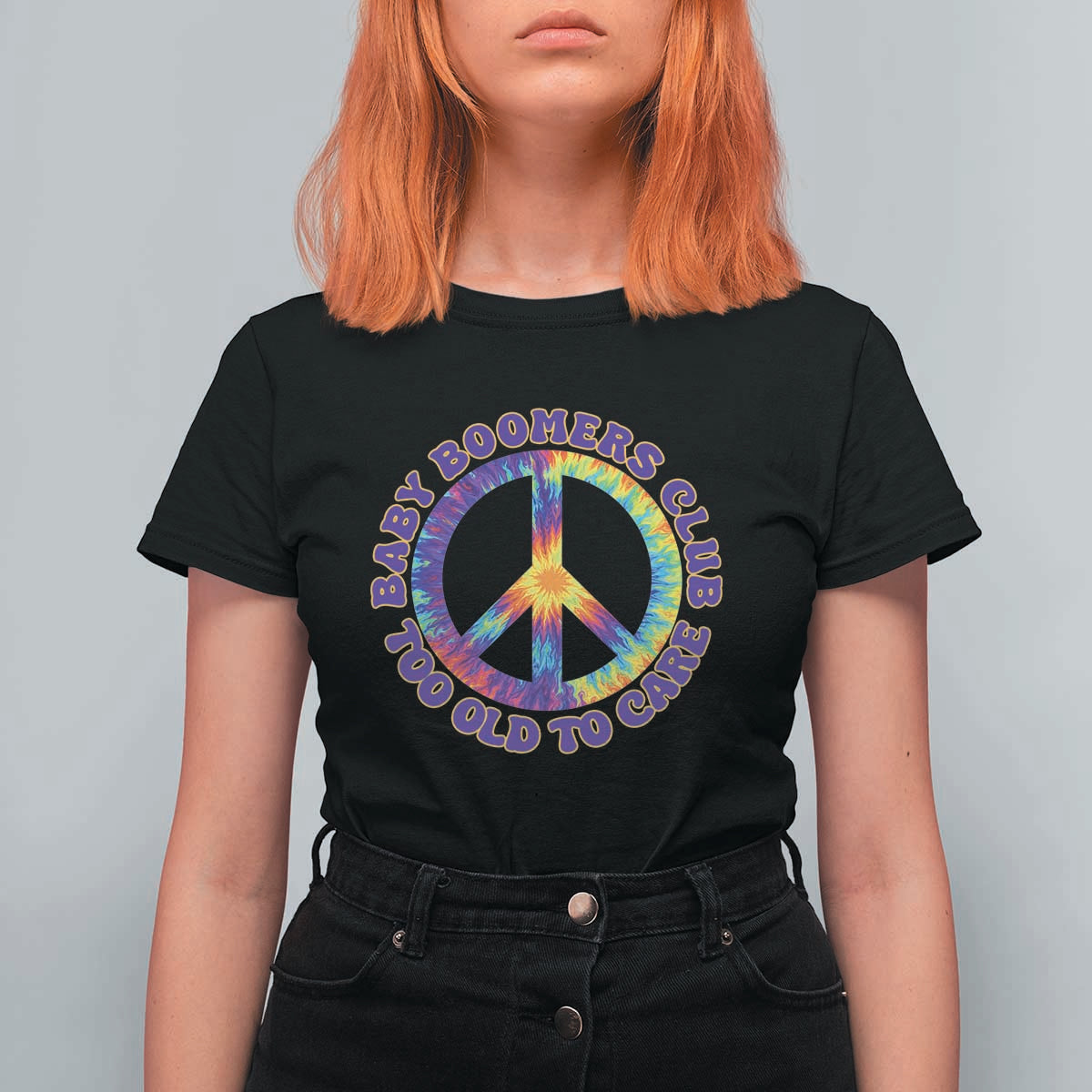 Baby Boomers Club Too Old To Care Retro Tie Dye Effect Printing T Shirt For Women Peace Sign Groovy 60s Hippie Humor Graphic