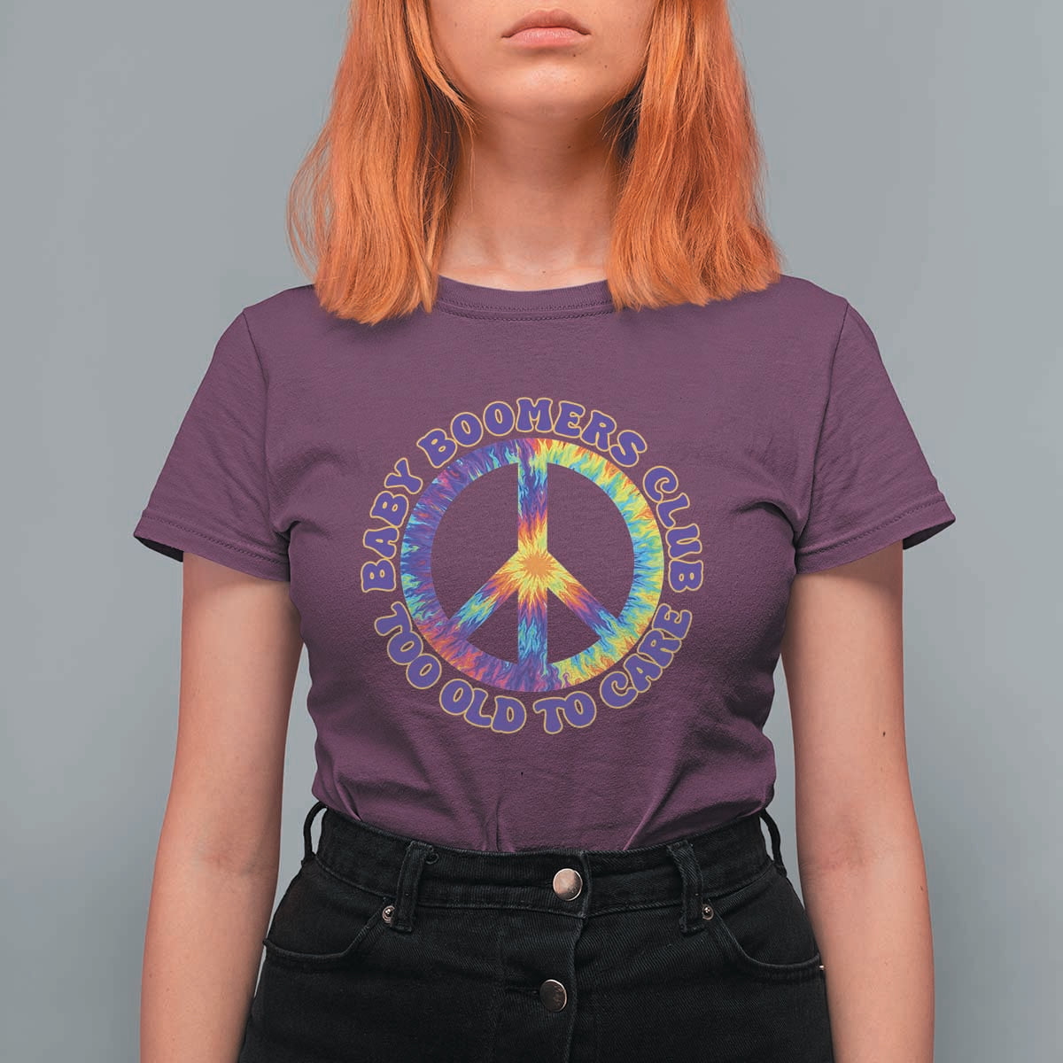Baby Boomers Club Too Old To Care Retro Tie Dye Effect Printing T Shirt For Women Peace Sign Groovy 60s Hippie Humor Graphic