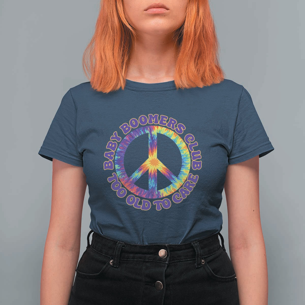 Baby Boomers Club Too Old To Care Retro Tie Dye Effect Printing T Shirt For Women Peace Sign Groovy 60s Hippie Humor Graphic