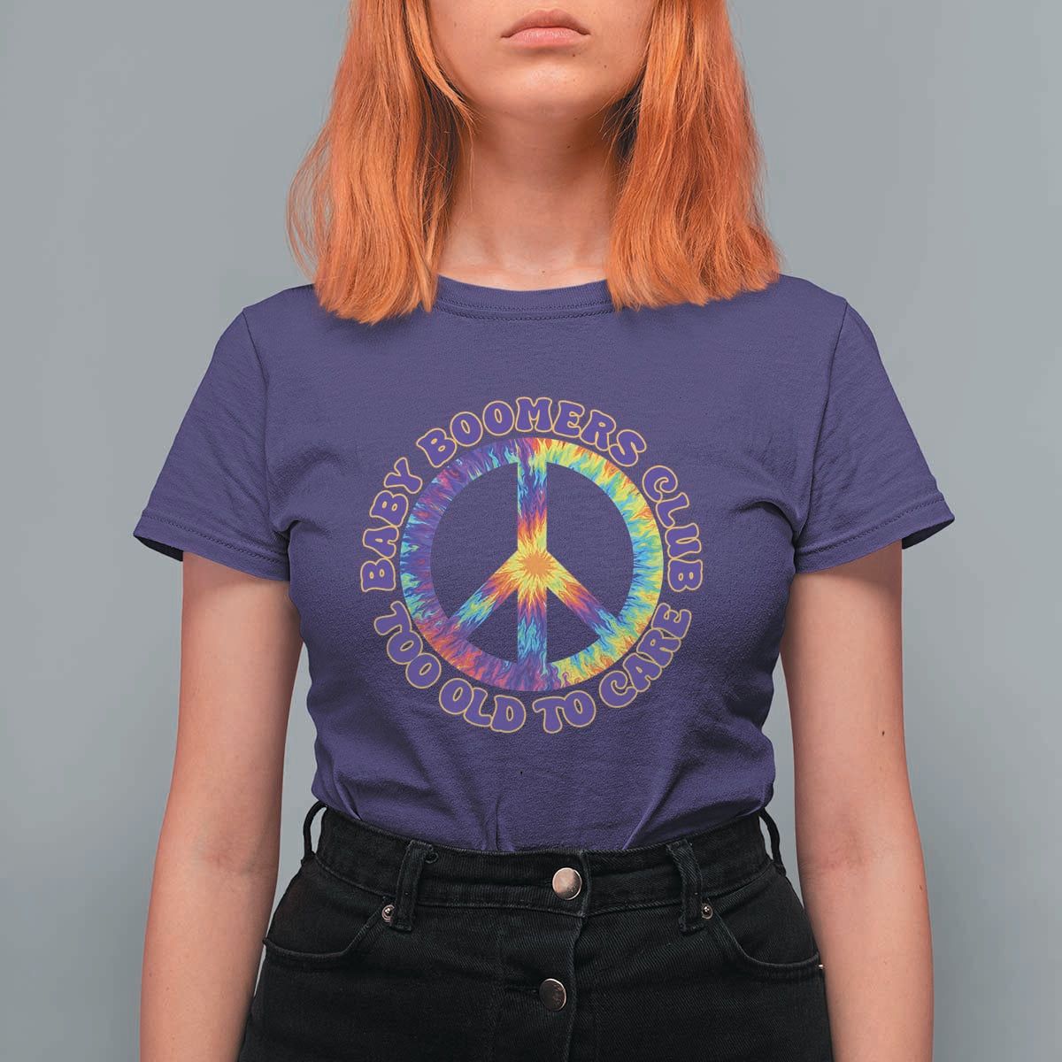 Baby Boomers Club Too Old To Care Retro Tie Dye Effect Printing T Shirt For Women Peace Sign Groovy 60s Hippie Humor Graphic
