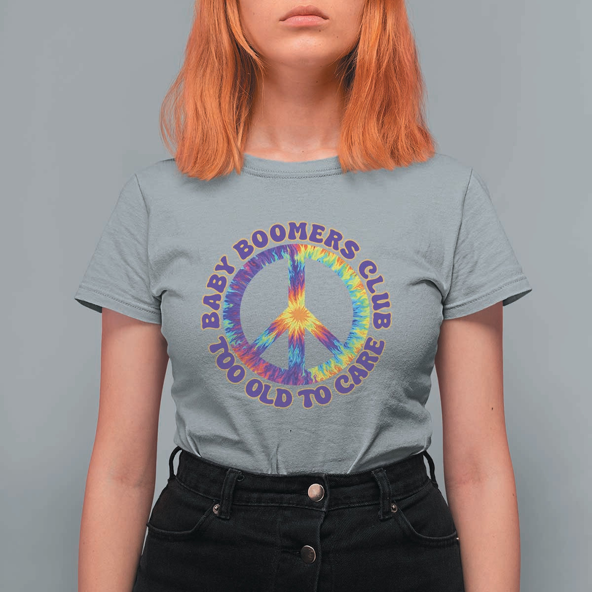 Baby Boomers Club Too Old To Care Retro Tie Dye Effect Printing T Shirt For Women Peace Sign Groovy 60s Hippie Humor Graphic