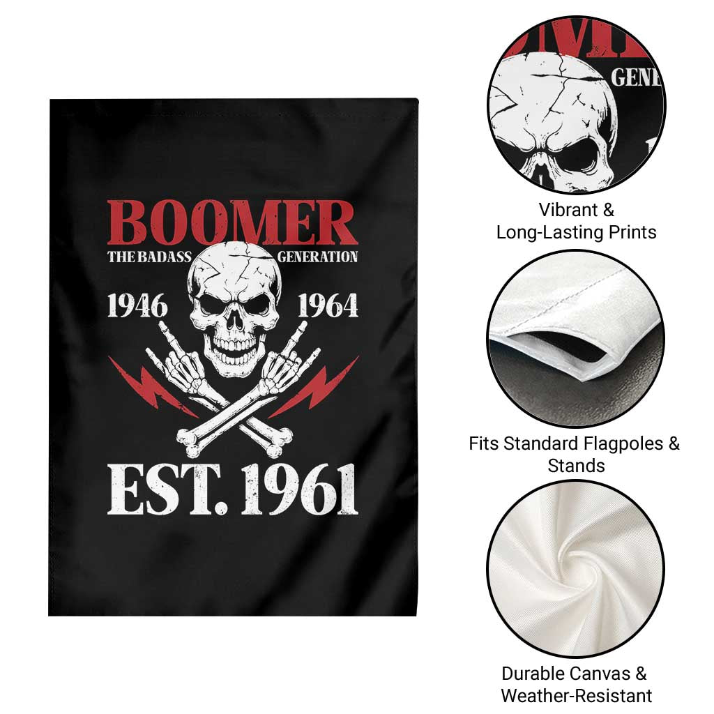 Funny Baby Boomer The Badass Generation Garden Flag EST 1961 Birthday Gift Skull Rock On Graphic