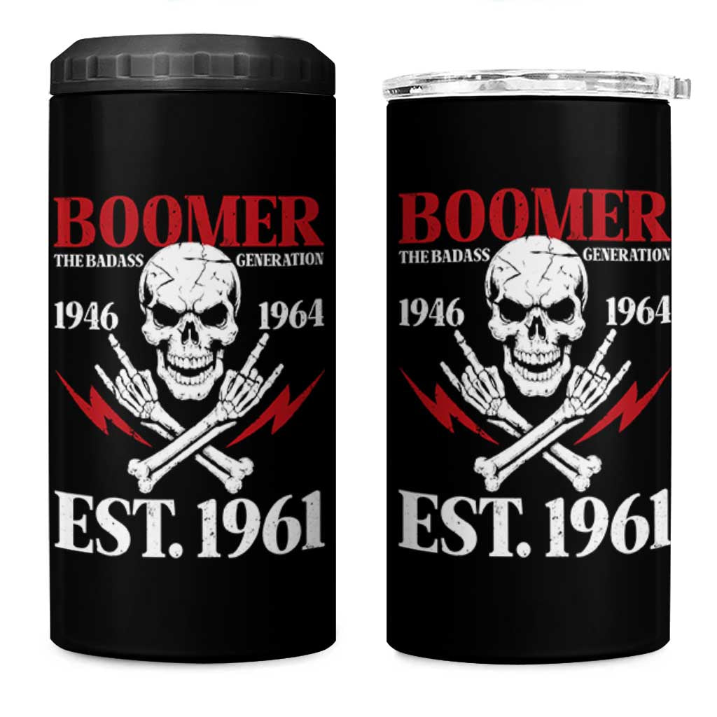 Funny Baby Boomer The Badass Generation 4 in 1 Can Cooler Tumbler EST 1961 Birthday Gift Skull Rock On Graphic