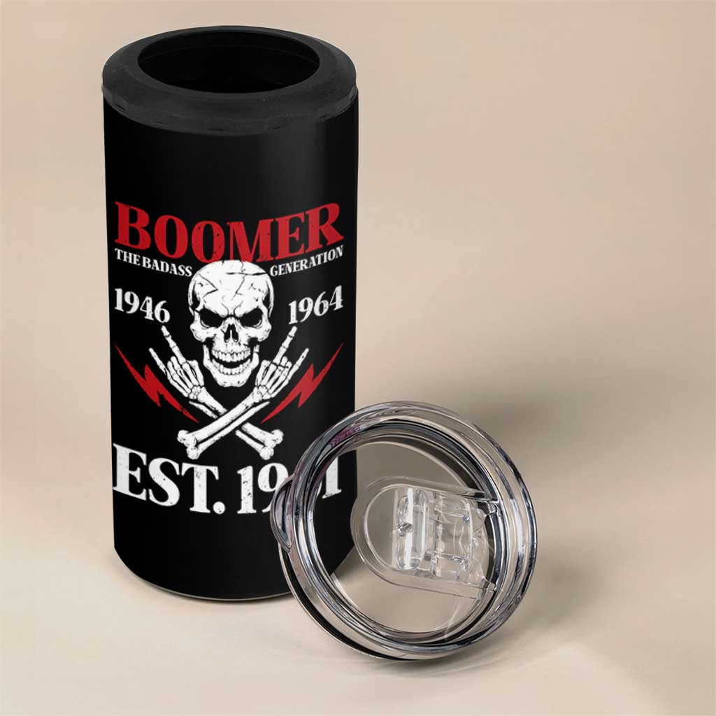 Funny Baby Boomer The Badass Generation 4 in 1 Can Cooler Tumbler EST 1961 Birthday Gift Skull Rock On Graphic