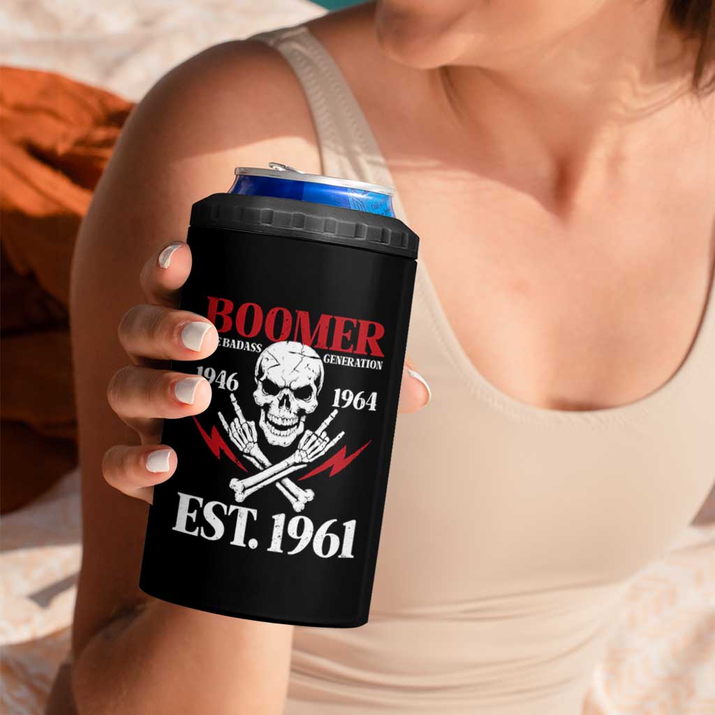 Funny Baby Boomer The Badass Generation 4 in 1 Can Cooler Tumbler EST 1961 Birthday Gift Skull Rock On Graphic