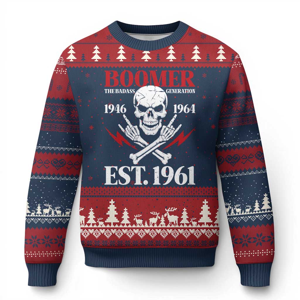 Funny Baby Boomer The Badass Generation Ugly Christmas Sweater EST 1961 Birthday Gift Skull Rock On Graphic